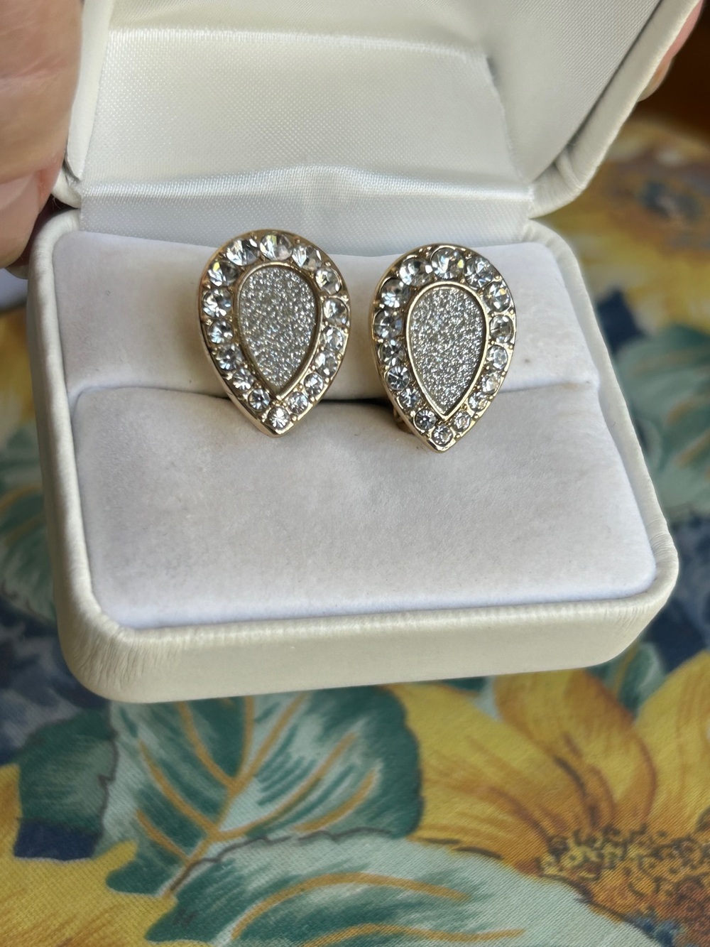 Monet Gold Teardrop Crystal Clip Earrings with Clear Stones